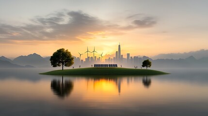 Fototapeta premium A futuristic city powered by renewable energy, featuring solar panels, wind turbines, and electric vehicles. The skyline is filled with eco-friendly architecture, and pedestrians are enjoying 