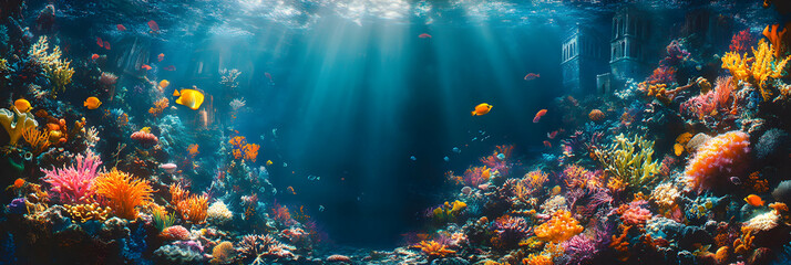 Fototapeta premium Vibrant Underwater Scene, Sunbeams Illuminate a Lush Coral Reef Ecosystem with Colorful Fish and Submerged Ruins
