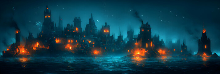 Fototapeta premium Burning Gothic Cityscape, A Dark Fantasy Island Illuminated by Infernal Fires at Night