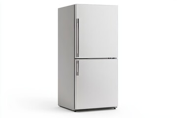 A silver refrigerator is sitting on a white background