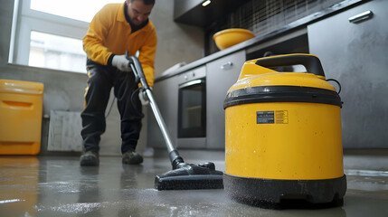 Worker Polishing Concrete Floor with Industrial Vacuum Cleaner in Modern Kitchen