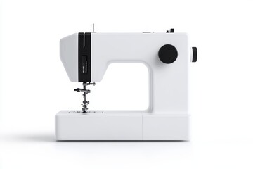 A white sewing machine with a black button