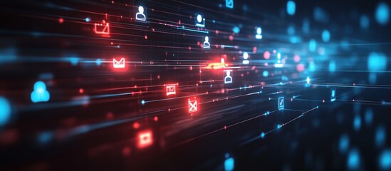 Abstract digital interface with glowing icons representing communication and data flow.