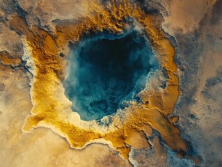 Naklejka premium Vibrant Geothermal Hot Spring with Unique Coloration and Natural Textures in an Aerial View of Earth’s Spectacular Geological Formation