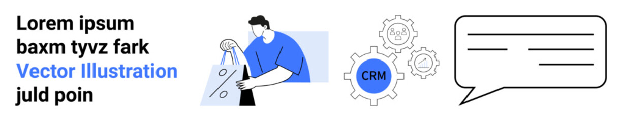 Business professional analyses data, CRM gear icons for customer relationship management. Speech bubble symbolizes communication. Ideal for business strategies, CRM systems, data management, customer