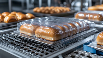 Industrial Bakery, Freshly Baked Bread Rolls Wrapped in Plastic on Conveyor Belt
