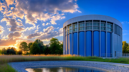 Fototapeta premium Sunset over Modern Industrial Building with Pond