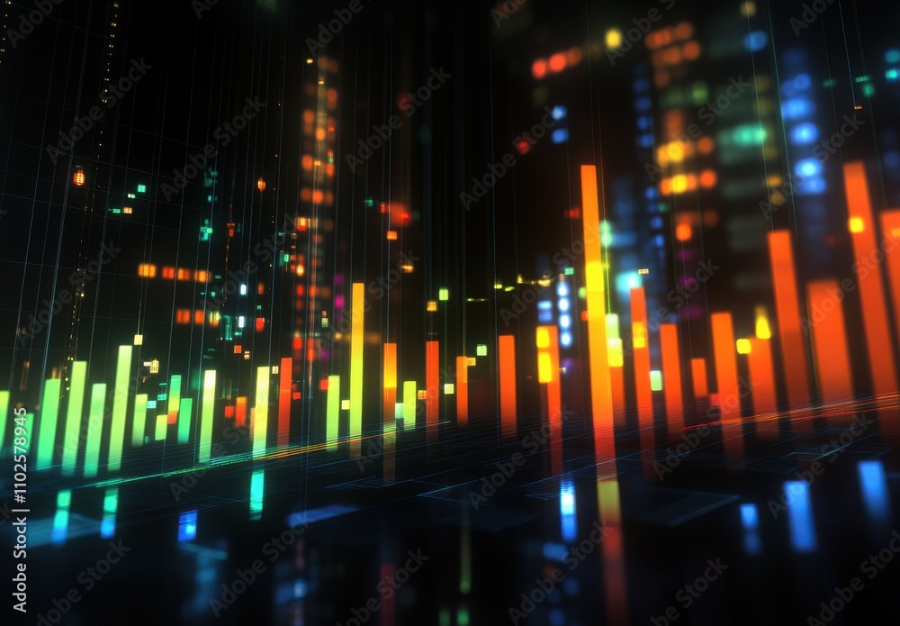 Poster abstract colorful data visualization with vertical bars and lighting effects in a digital space repr