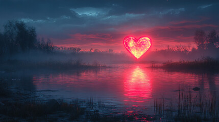 Stunning sunset with a glowing heart shape reflected in a serene lake surrounded by misty trees. Generative AI