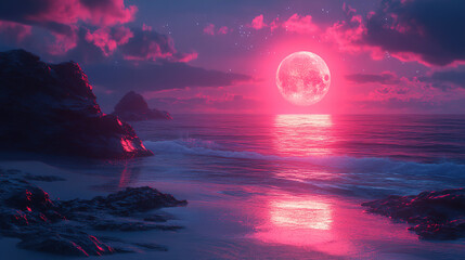Vibrant pink moon rises over tranquil beach at twilight, illuminating waves and rocky shoreline under colorful clouds. Generative AI