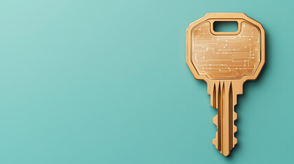 golden key with circuit design on teal background, symbolizing security and technology