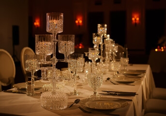 Elegant sparkling glassware arranged on a long, beautifully set table, meticulously prepared for a luxurious wedding celebration.