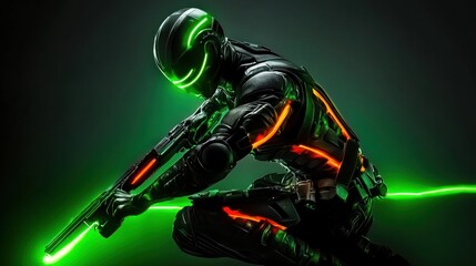 A futuristic soldier in a sleek, illuminated suit, poised with a weapon in a dramatic pose.