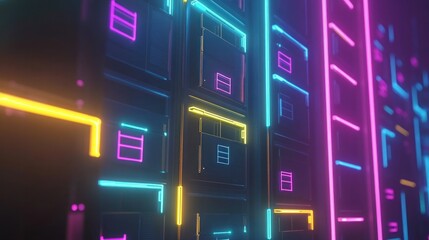 A vibrant, neon-lit wall with glowing lines, evoking a futuristic digital aesthetic.