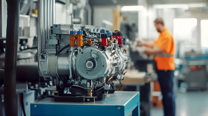 Industrial Engine, Manufacturing Facility Showcase, Detailed Machinery Components, Precise Assembly,  High-Tech Production Line