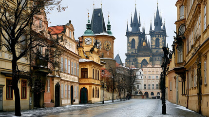 Obraz premium Charming European Street Scene, Snow-dusted cobblestones, historic architecture, and a majestic church tower create a picturesque winter vista.