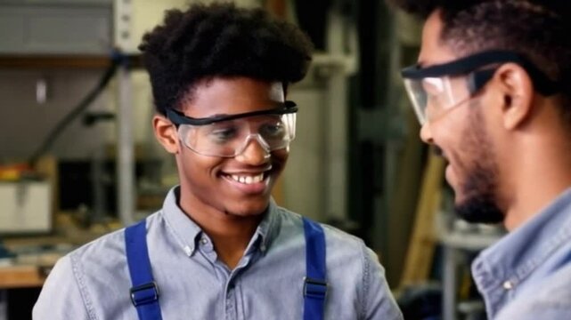 Young electrical engineer apprentice collaborating in sunlit workshop