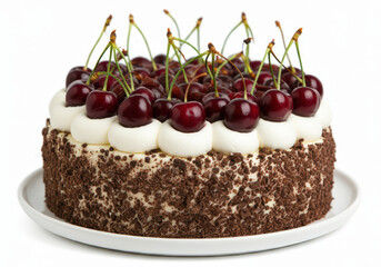 Chocolate cake with cherries on a plate, a delicious dessert slice with cream and fresh fruit, showcasing a gourmet pastry piece