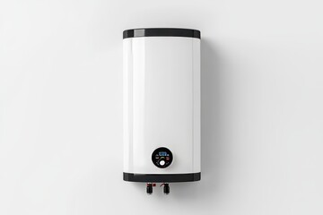 A white and black hot water heater with a digital display