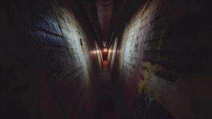 Dark, Long Concrete Tunnel, Mysterious Pathway Leading to Distant Light