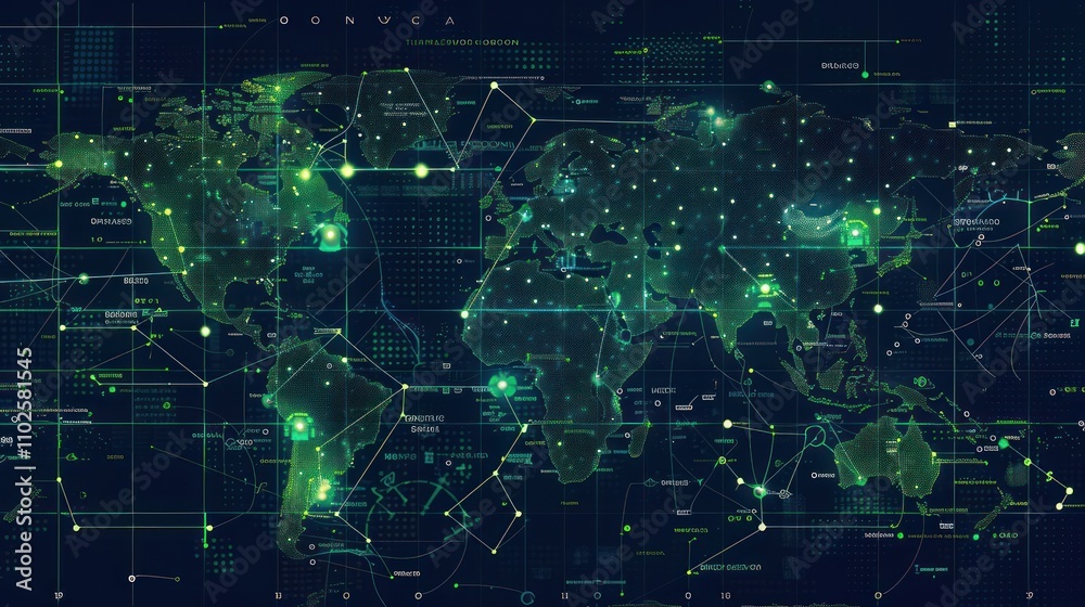 Poster a digital world map with interconnected nodes and data visualizations.