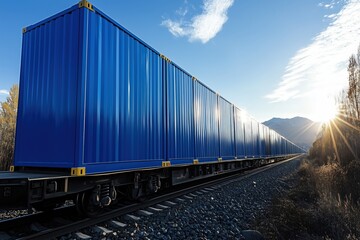 Fototapeta premium A vibrant blue cargo train glides under a bright sky, showcasing industrial innovation captured by Generative AI.