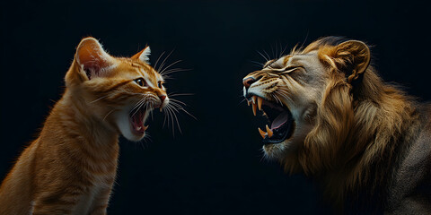 Ginger Kitten and Majestic Lion, A Fierce Face-Off Against a Dark Background