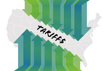 Fototapeta premium illustration of potential tariff tariffs increase concept with arrows pointing up and down with united states map economics market finance business contemporary background