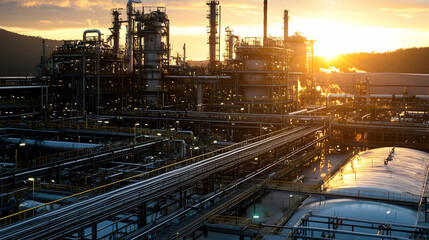 Fototapeta premium Industrial Sunset, Refinery Complex at Golden Hour, Pipelines and Towers Reflecting Sunlight