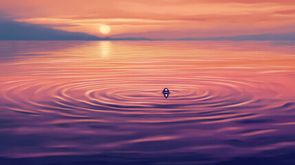 The ephemeral impact of a droplet on the surface of a tranquil body of water, reflecting the vibrant hues of the sky as the sun dips below the horizon. Ephemeral. Illustration