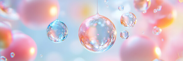 Abstract iridescent spheres float in pastel background, creating a dreamy, ethereal visual; perfect for design projects and wallpapers.