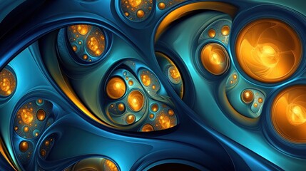 Abstract swirling forms with glowing golden orbs