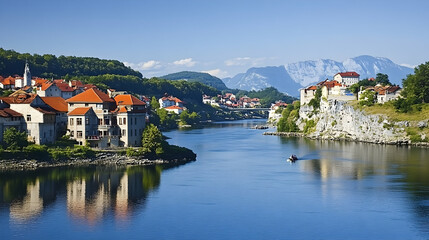 Fototapeta premium Picturesque River Town nestled in Mountains, A serene village with red-roofed houses beside a calm river, mountains in the background.