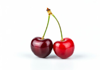 Two ripe red cherries with green stems, isolated on a white background
