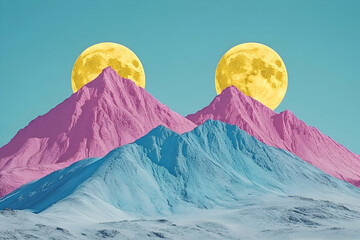 Pastel Mountainscape, Two Moons Rise Above Pink and Blue Peaks in a Surreal Dreamlike Scene