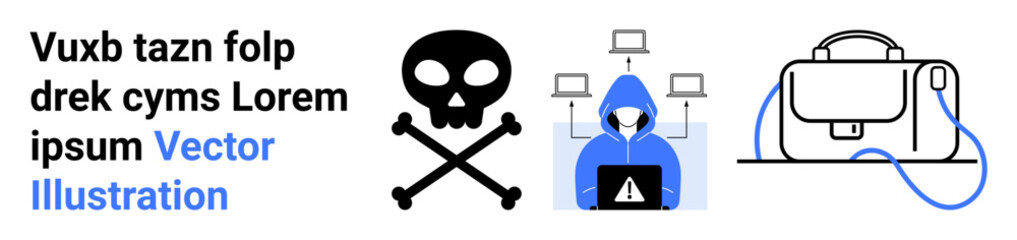Skull and crossbones, hooded hacker at a laptop, network icons, and a business bag. Ideal for cybersecurity, hacking, data protection, corporate security, digital safety, network defense, and IT