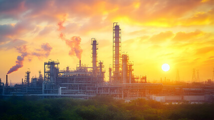 Industrial Refinery Silhouette at Sunset,  A Dramatic View of Oil Processing Towers and Smoke Plumes Against a Vibrant Sky.
