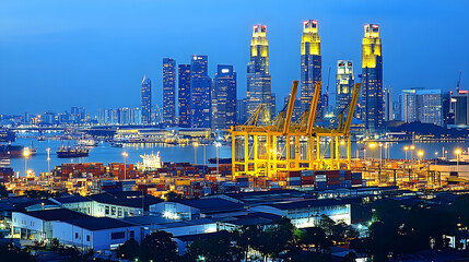 Fototapeta premium Night Cityscape, Illuminated Skyscrapers and Busy Harbor Container Terminal