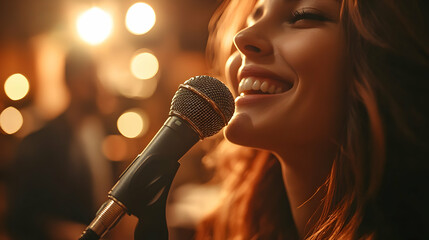 Warm Stage Lights, Singer's Joyful Performance with Microphone