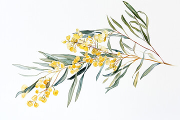 Yellow Australian Wattle Native Flowers Illustration Against White Background on a White or Clear Surface PNG Transparent Background