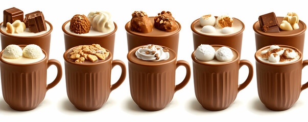 Assorted Hot Chocolate Variations, Creamy Delights with Various Toppings