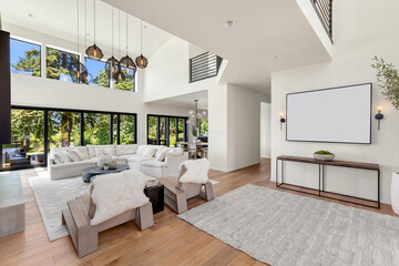 Living room and foyer with vaulted ceilings in new modern luxury home