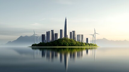 Naklejka premium A coastal city featuring clean beaches and thriving marine life, with offshore wind farms in the distance, representing a balanced coexistence between urbanization and natural ecosystems 