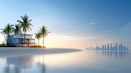 A coastal city featuring clean beaches and thriving marine life, with offshore wind farms in the distance, representing a balanced coexistence between urbanization and natural ecosystems 