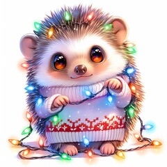 Obraz premium Cute hedgehog with Christmas lights and pink sweater isolated on white background. Christmas and New Year watercolor illustration. Funny animal for greeting card, poster, banner with copy space