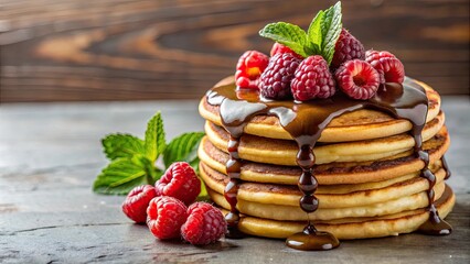 Pancakes drizzled with chocolate sauce and topped with fresh raspberries on a white plate, sweet breakfast food, pancakes