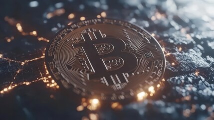 A detailed image of a Bitcoin symbol resting on a digital, illuminated surface.