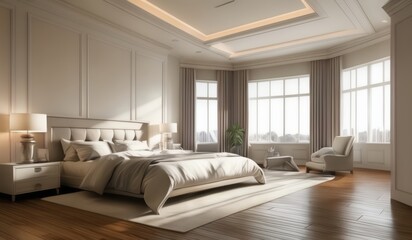 bedroom with a large bed and a chair in the corner, natural light in room