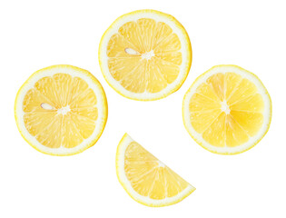 Top view set of fresh yellow lemon fruit in halves and slices or quarter scattering isolated with clipping path in png file format