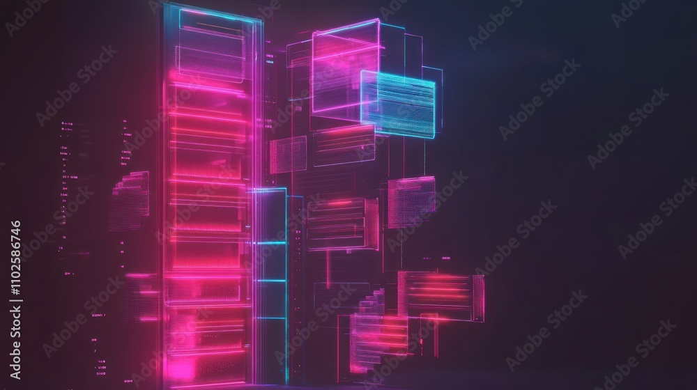 Poster a digital representation of interconnected data structures in vibrant neon colors.
